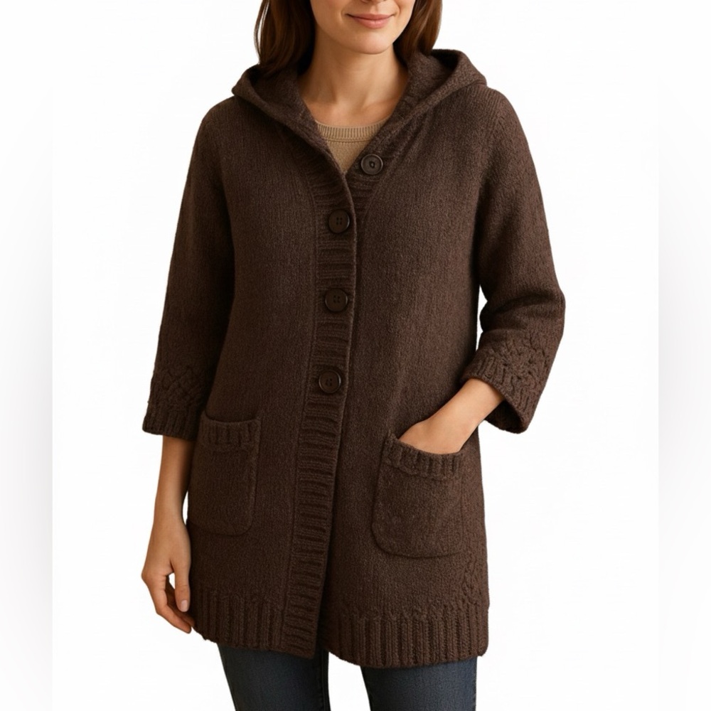 Esprit Chocolate Brown Hooded Cardigan Eyelet Detail & Pockets Boho/Academia M